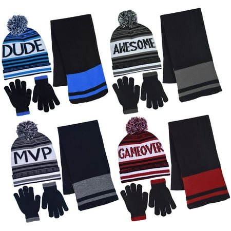 Polar Wear Boys Knit Hat Scarf And Gloves Set With Patches